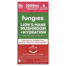 Fungies, ежовик гребенчатый, гриб, гидратация, смесь для приготовления электролитического напитка, арбуз, 6 пакетиков по 8 г (0,28 унции)