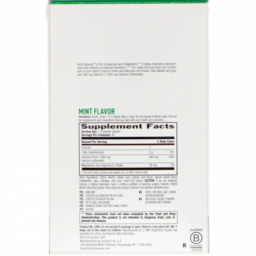 Country Life, Acid Rescue Calcium Carbonate, Mint Flavor, 1,000 mg (20-4 Chewable Tablet Packets)