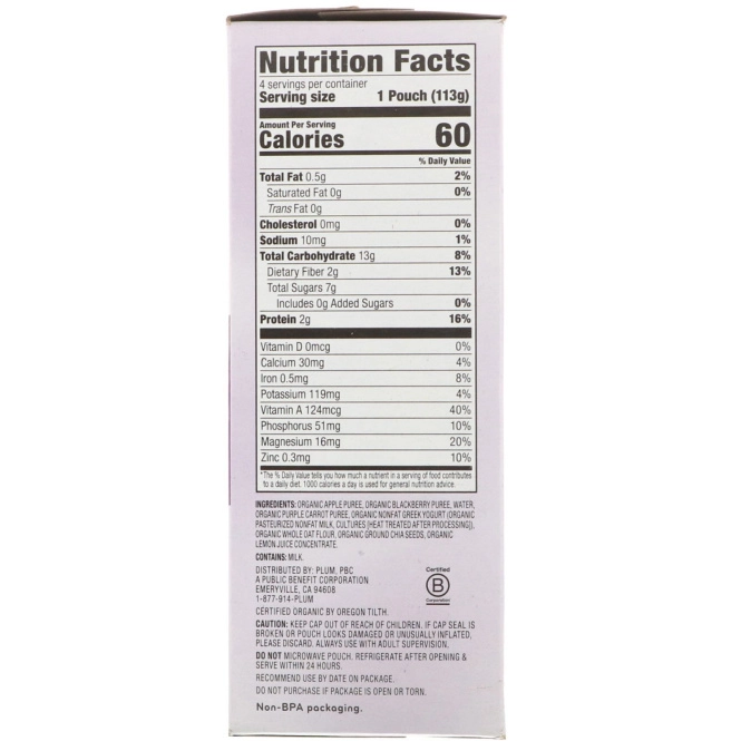 Plum Organics, Питательная смесь Mighty 4 для малышей, из 4 групп продуктов: яблоко-ежевика, фиолетовая морковь, греческий йогурт, овес и лебеда, 4 пакетика по 4 унции (113 г)