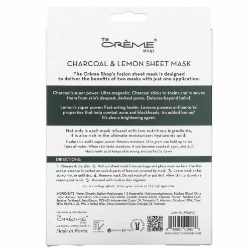 The Creme Shop, Fusion Beauty, тканевая маска, древесный уголь и лимонад, 5 шт., 125 г (4,40 унции)