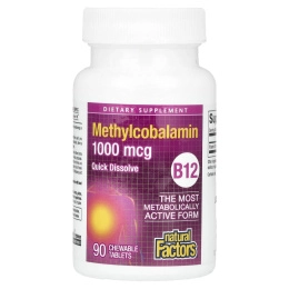Natural Factors, B12 метилокобаламин, 1000 mcg, 90 жевательных таблеток