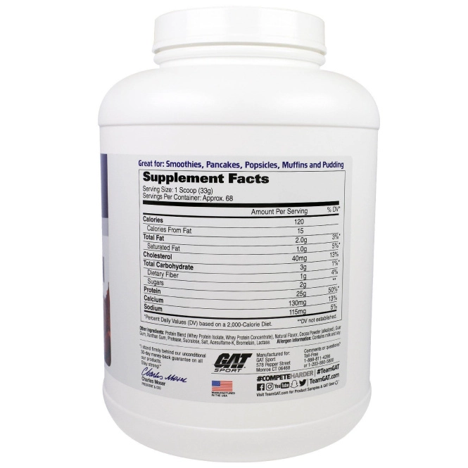 GAT, Изолят Сывороточного Протеина, Белковый Коктейль для Наращивания Мышечной Массы, Высококачественный Шоколад, 5 фунтов (2268 г)