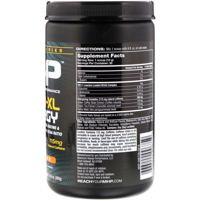 Maximum Human Performance, LLC, Премиальная серия, BCAA-XL, энергия, мандарин, 10,6 унций (300 г)