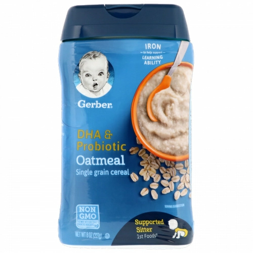 Gerber, ДГК и пробиотик, однозерновая каша из овсянки, для детей, умеющих сидеть с поддержкой, 227 г