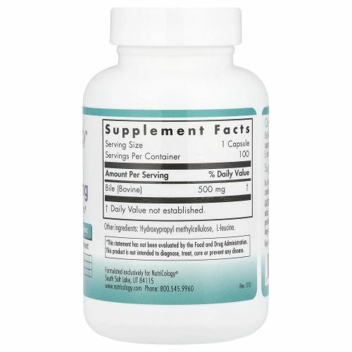 Nutricology, Бычья желчь, 500 мг, 100 растительных капсул
