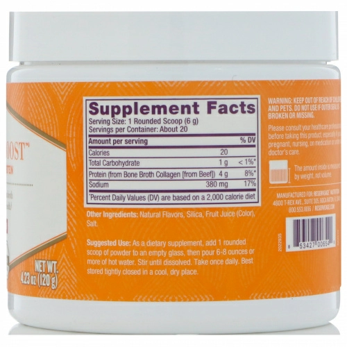 ReserveAge Nutrition, Стимулятор из костного бульона, коллагеноый белок из мяса животных травяного откорма, насыщенный вкус говядины, 120 г