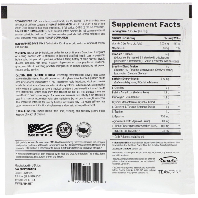 SAN Nutrition, Fierce Domination, повышающая работоспособность и миотропная предтренировочная формула, яростный фруктовый пунш, 0,88 унции (24,8 г)
