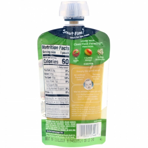 Gerber, 2nd Foods, органическое, детское питание, фрукты и зерно, яблоко/манго с рисом и ванилью, 3,5 унции (99 гр)