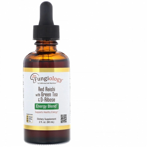 California Gold Nutrition, Fungiology, красные рейши с зеленым чаем и рибозой, энергетическая смесь, 2 жидк. унц. (60 мл)