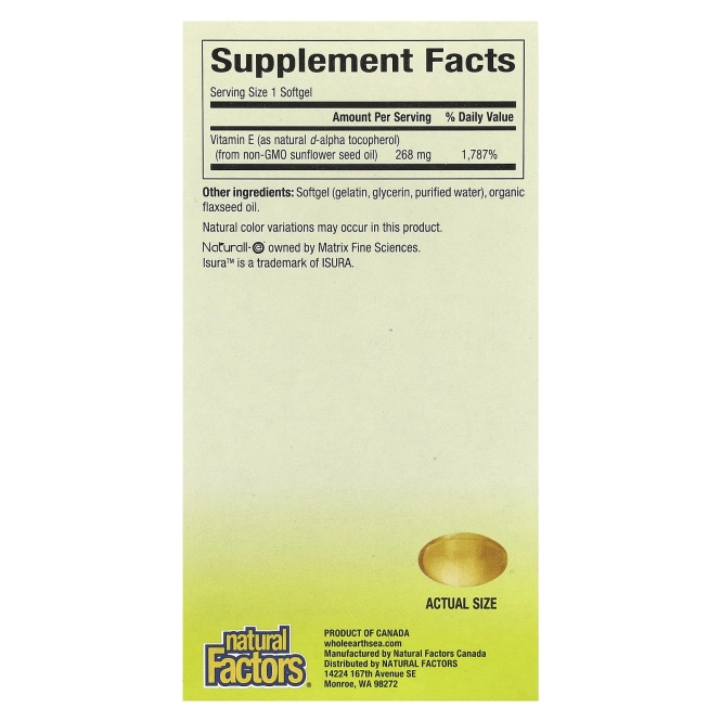 Natural Factors, Пищевая добавка "Непочатое море и земля", подсолнечник, витамин Е, 400 МЕ, 90 желатиновых капсул