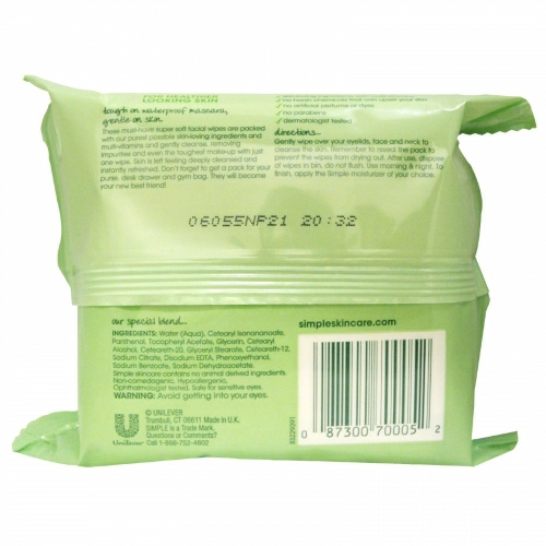 Simple Skincare, Очищающие салфетки для лица, 25 салфеток (7 x 7.5 дюймов/18 x 19 см)
