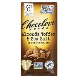 Chocolove, черный шоколад с миндалем, тоффи и морской солью, 55% какао, 90 г (3,2 унции)