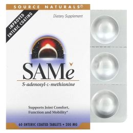 Source Naturals, SAM-e (S-Adenosyl-L-Methionine), 200 мг, 60 кишечнорастворимых таблеток