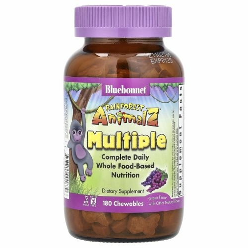 Bluebonnet Nutrition, Тропические животные, мультивитамин на основе цельных продуктов, с натуральным вкусом винограда, 180 жевательных конфет