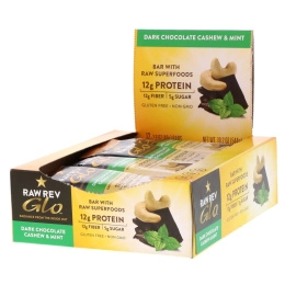 Raw Rev, Glo, темный шоколад с кешью и мятой, 12 батончиков, по 1,6 унции (46 г) каждый