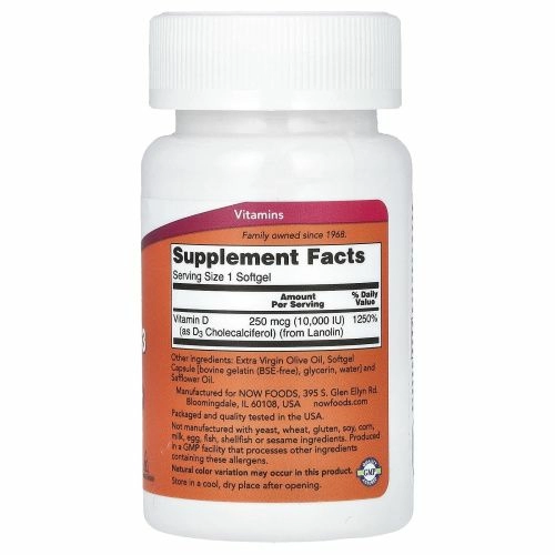 NOW Foods, витамин D3, высокоактивный, 10000 МЕ, 30 мягких таблеток