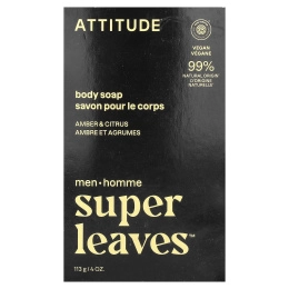 ATTITUDE, Super Leaves™, кусковое мыло для тела, для мужчин, янтарь и цитрус, 113 г (4 унции)