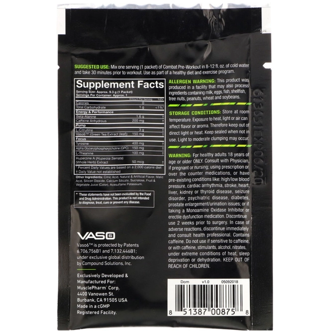 MusclePharm, Combat Предтренировочная формула, Голубая малина, 0,33 унц. (9,3 г) пробная расфасовка