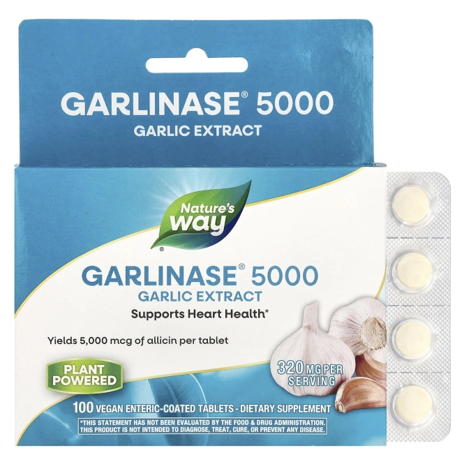 Nature's Way, Garlinase® 5000, экстракт чеснока, 320 мг, 100 веганских таблеток с кишечнорастворимой оболочкой