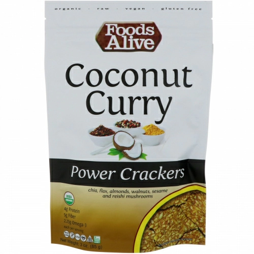 Foods Alive, Power Crackers, кокос, карри, 3 унц. (85 г)