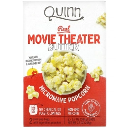 Quinn Popcorn, Real Movie Theater, попкорн для приготовления в микроволновой печи, с маслом, 2 пакета, 104 г (3,7 унции) каждый