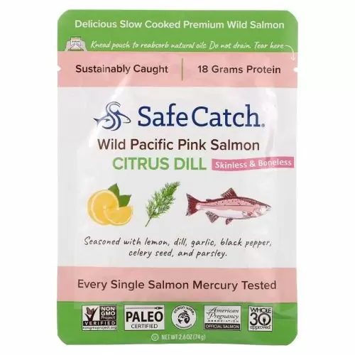 Safe Catch, Дикий тихоокеанский горбуша, без кожи и костей, цитрусовый укроп, 74 г (2,6 унции)