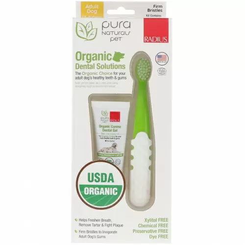 RADIUS, Organic Dental Solutions, Firm Bristles, Adult Dog, 1.5-8 Years , 1 Toothbrush + .8 oz Tooth Gel