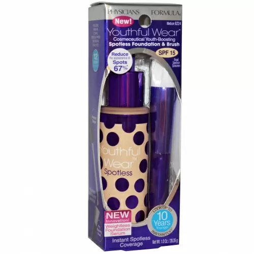 Physicians Formula, Youthful Wear, омолаживающий космецевтический усилитель, безупречная основа и кисточка, SPF 15, средний, 1,0 унция (28,35 г)