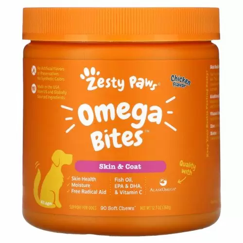 Zesty Paws, Снеки, богатые омегакислотами, для здоровья кожи и шерсти, со вкусом курицы, 90 мягких таблеток