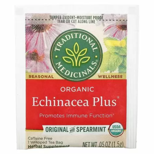 Traditional Medicinals, Organic Echinacea Plus, оригинальный вкус с мятой, без кофеина, 16 чайных пакетиков в упаковке, 24 г (0,85 унции)