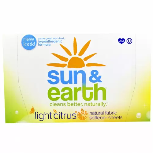 Sun & Earth, Натуральны умягчители ткани в виде листов, легкий цитрус, 80 листов, каждый 6,4 на 9 дюймов