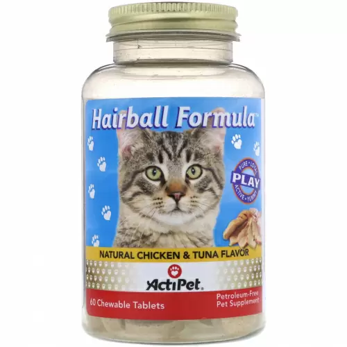 Actipet, Средство от волосяных шаров, для кошек, с натуральным вкусом тунца и курицы, 60 жевательных таблеток