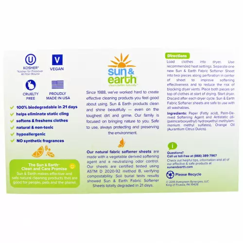 Sun & Earth, Натуральны умягчители ткани в виде листов, легкий цитрус, 80 листов, каждый 6,4 на 9 дюймов