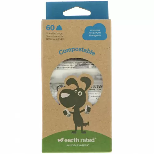 Earth Rated, Биоразлагаемые пакеты для собачьих экскрементов, без запаха, 60 пакетов, 4 запасных рулона