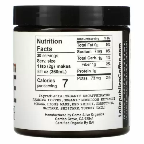 LA Republica, Грибной кофе с 7 грибами-суперпродуктами, без кофеина, 60 г (2,12 унции)