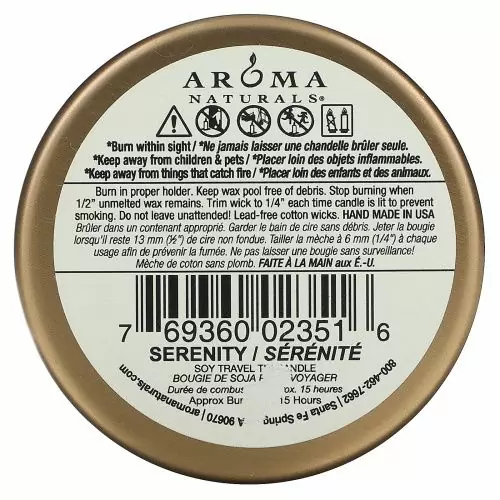 Aroma Naturals, Soy VegePure, свеча для поездок, спокойствие, иланг-иланг и лаванда, 2,8 унции (79,38 г)