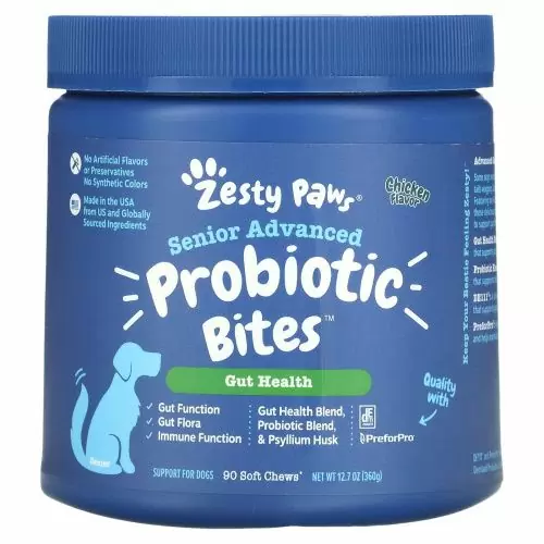 Zesty Paws, Advanced Probiotic Bites для собак, пищеварение, пожилые люди, куриный вкус, 90 мягких жевательных кусочков, 12,7 унций (360 г)