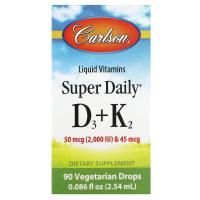 Carlson, Super Daily® D3 + K2, 50 мкг (2000 МЕ) и 45 мкг, 2,54 мл (0,086 жидк. Унции)