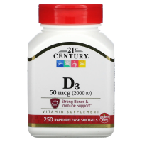 21st Century, Витамин D3, 2000 МЕ, 250 жидких мягких таблеток