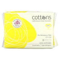 Cottons, Прокладки для пре-менопаузы с крылышками и покрывающим слоем из 100% чистого хлопка, 8 шт.