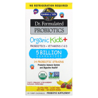 Garden of Life, Пробиотическая добавка Dr. Formulated Probiotics, Organic Kids +, пробиотики и витамины C и D, 5 млрд, вкусная органическая клюква и банан, 30 вкусных жевательных драже