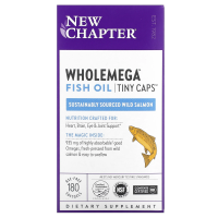 New Chapter, Wholemega, цельный рыбий жир из дикого лосося с Аляски, крошечные капсулы, 500 мг, 180 мягких таблеток