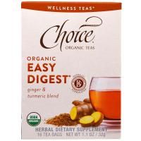 Choice Organic Teas, "Органический легкоусваивающийся", легкоусваивающийся органический чай с имбирем и куркумой, без кофеина, 16 чайных пакетиков, 1,1 унции (32 г)