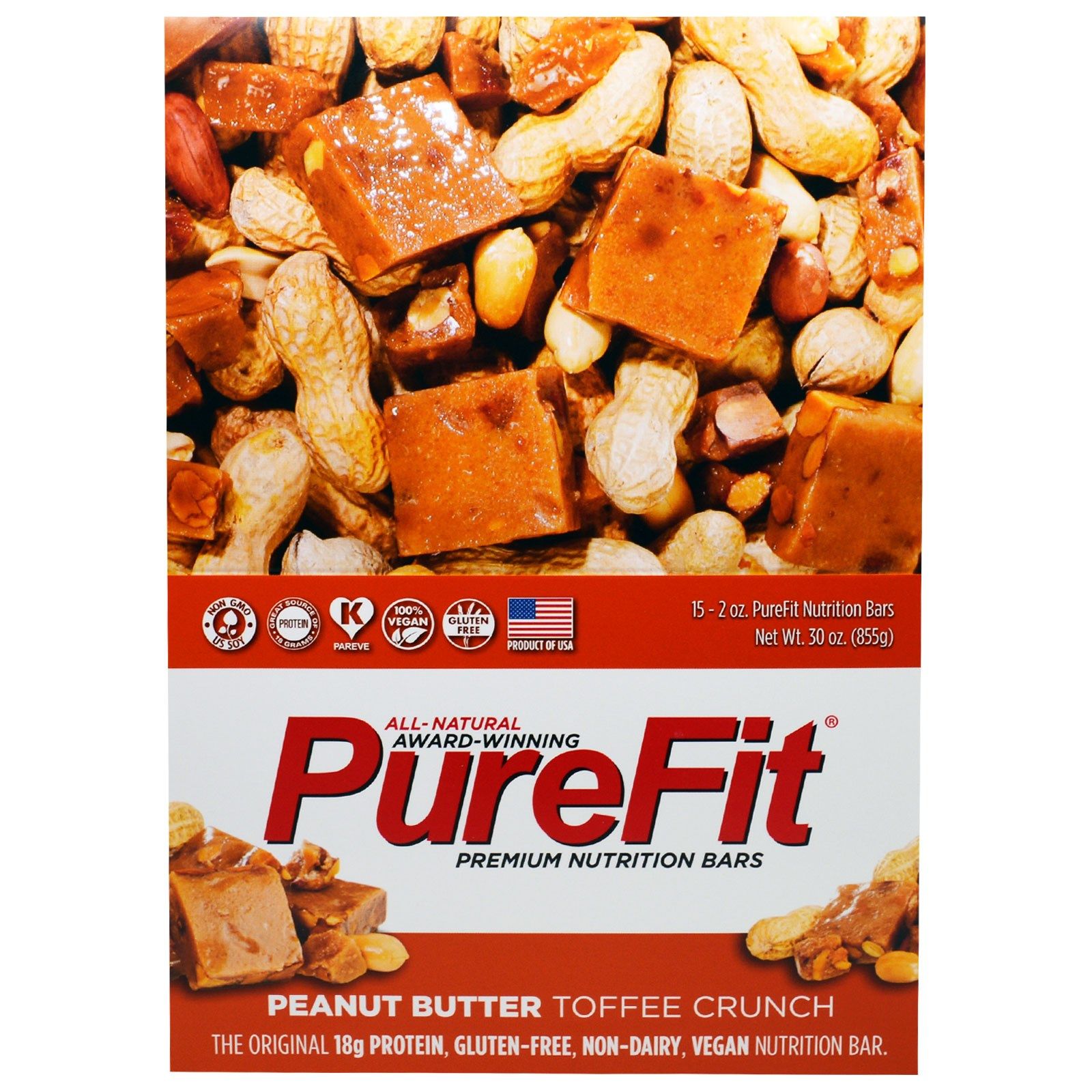 Purefit, Premium Nutrition Bars, Хрустящие Ириски с Арахисовым Маслом ...