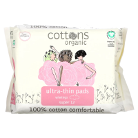 Cottons, Ультратонкие прокладки с крылышками, покрывающий слой из 100% чистого хлопка, Super, 12 штук