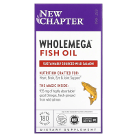 New Chapter, Wholemega, Рыбий жир первого отжима из аляскинского лосося, 1000 г, 180 желатиновых капсул