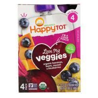 Happy Family Organics, "Обожаю свои овощи" из серии "Счастливый карапуз", фруктово-овощная смесь с бананом, свеклой, тыквой и черникой, 4 пакета по 4,22 унции (120 г)