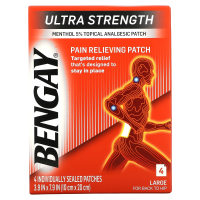 Bengay, Болеутоляющий пластырь Ultra Strength, большой размер, 4 штуки, 3,9 дюйма x 7,9 дюйма (10 см x 20 см)