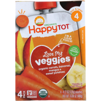 Happy Family Organics, "Обожаю свои овощи" из серии "Счастливый карапуз", органическая фруктово-овощная смесь c морковью, бананом, манго и бататом, 4 пакета по 4,22 унции (120 г)