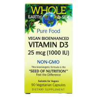 Natural Factors, Whole Earth & Sea, веганский биоактивный витамин D3, 25 мкг 1000 МЕ, 90 вегетарианских капсул